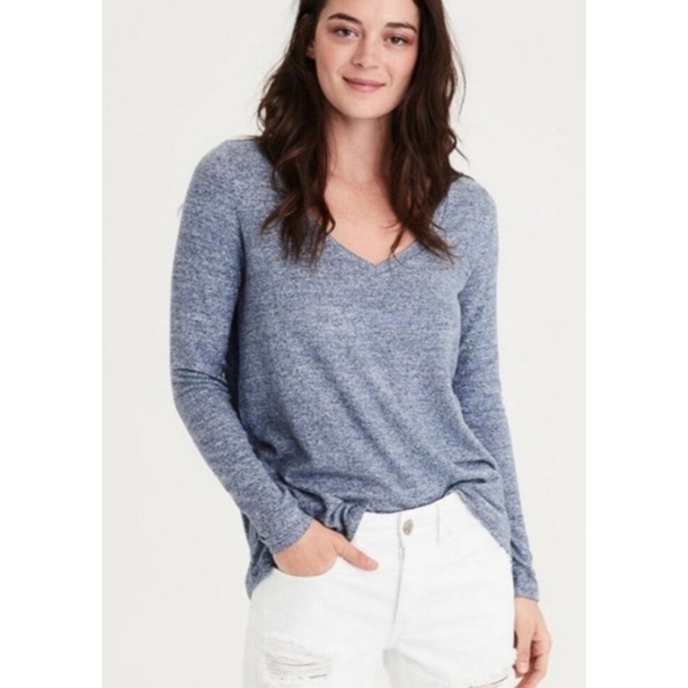 American Eagle Soft & Sexy Plush Women's Blue V-Neck Long Sleeve Top